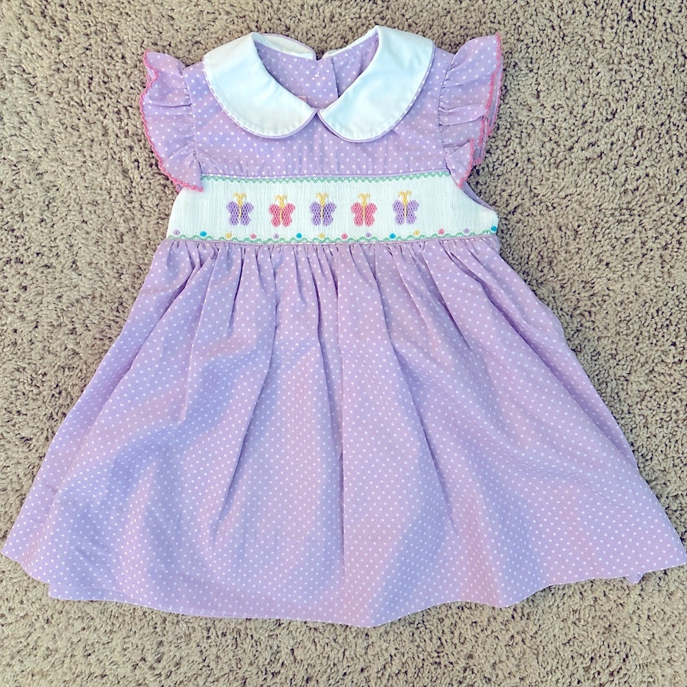 EUC Petit Bateau Lavender Butterflies and Polkadots Smocked Dress 12m